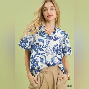 Umgee Lush Blossom Print Puff Sleeve Top with Ruffle Trim Detail